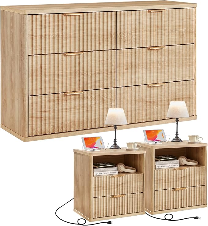 LEYAOYAO 48" Wide Fluted Dresser and 2 Drawers 23" Nightstand Set of 2, Wooden Dresser & Night Stand with Charging Station, 3 Piece Bedroom Furniture Set, Wood Chest of Drawer for Living Room,Natural