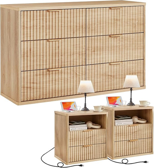 LEYAOYAO 48" Wide Fluted Dresser and 2 Drawers 23" Nightstand Set of 2, Wooden Dresser & Night Stand with Charging Station, 3 Piece Bedroom Furniture Set, Wood Chest of Drawer for Living Room,Natural