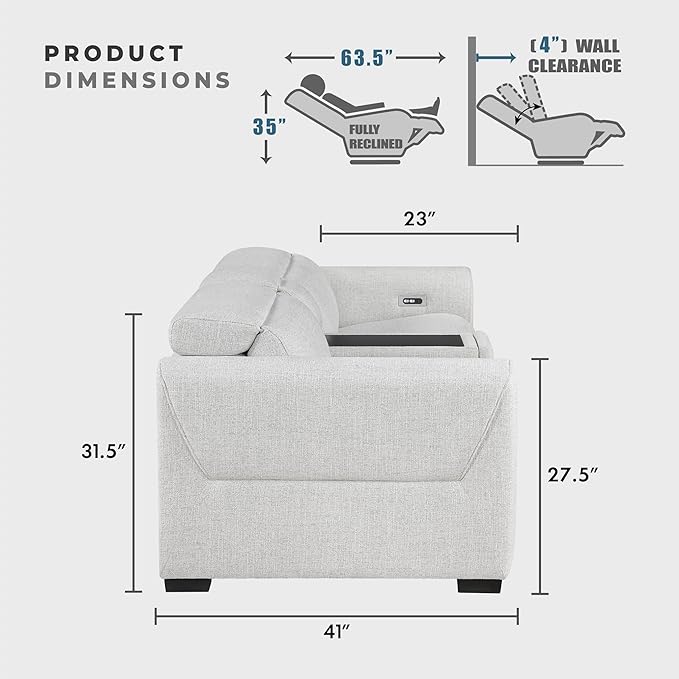 Lexicon Power Reclining Sectional Couches for Living Room-Modular Sectional Sofa, Wall Hugger, 2 Recliner Seats, Console Cup Holders, Power Headrests, Charging Ports, 2 Seater Couch, Chenille Cloud