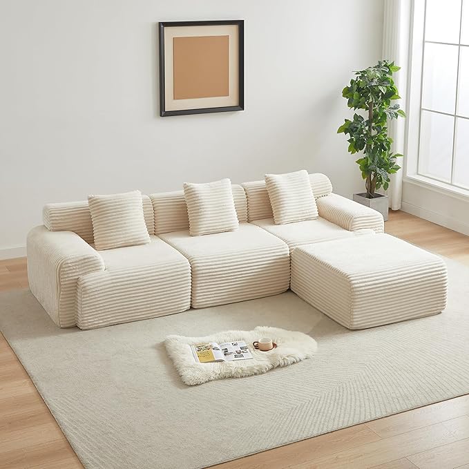Cloud Compressed Modular Sectional Sofa, Comfy Corduroy Boneless Couch for Living Room, Modern L-Shaped Corner Couch with Reversible Ottoman, Non Slip, No Assembly & Deep Seat | Plush, Wider Armrest, Free Combination