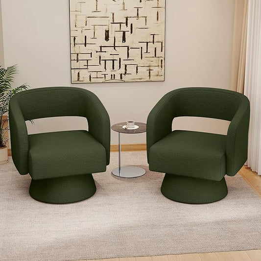 Nebuaegis Swivel Accent Chair Set of 2, Modern Comfy Teddy Barrel Chairs, Oversized Upholstered Round Arm Chair for Living Room, Bedroom, Reading Room, Green