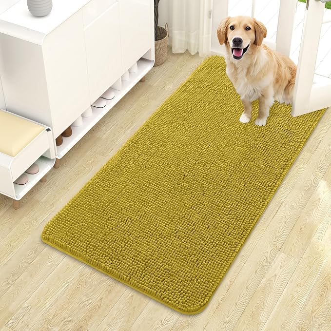 OLANLY Dog Door Mat for Muddy Paws 44x24, Absorbs Moisture and Dirt, Absorbent Non-Slip Washable Doormat, Quick Dry Chenille Mud Mat, Entry Indoor Entryway Carpet for Inside Floor, Mustard Yellow by OLANLY
