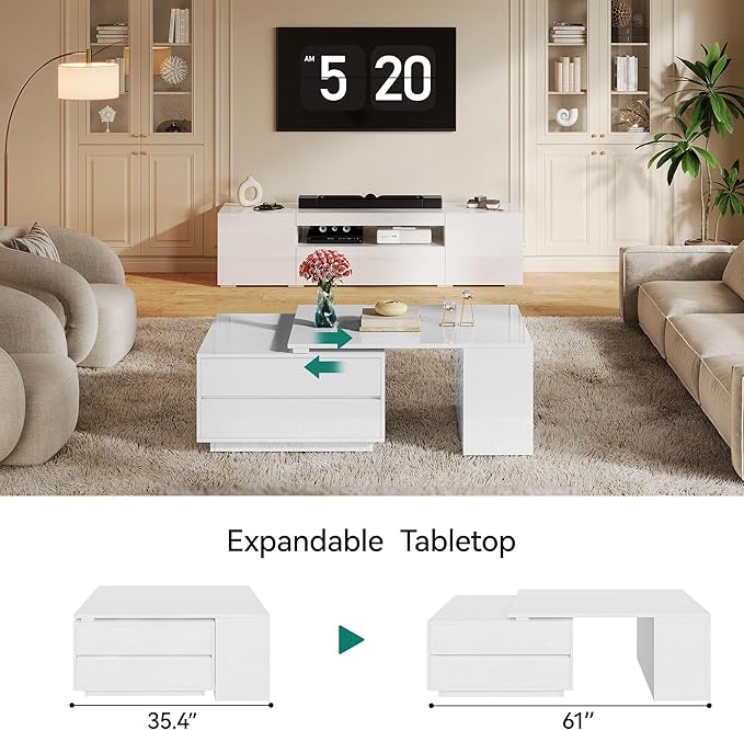YITAHOME Coffee Table LED Coffee Table with 4 Storage Drawers, Extendable Coffee Tables for Living Room, Modern Wooden Rectangle Cocktail Table with Open Shelves & Sliding Tabletop 35"- 61", White
