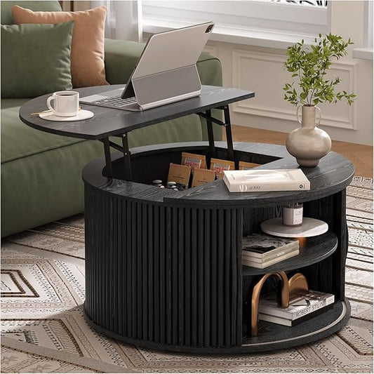 SULIVES Round Coffee Table with Lifting Top, Multifunctional Lift Top Drum Coffee Table with Sliding Door, Small Fluted Center Table for Living Room,Black