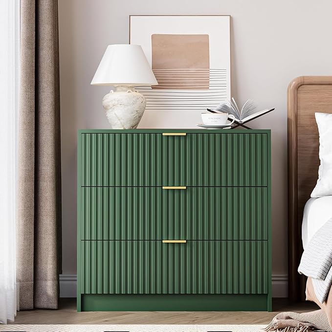 MAISONARIA 3-Piece Dresser Bedroom Set, 6 Drawer Dresser & 3 Drawer Nightstands with Gold Handles, Fluted Wood Chest of Drawers for Bedroom, Living Room, Entryway, Green
