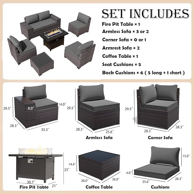 Gotland 7 Pieces Patio Furniture Set with 55000BTU Fire Pit Table, Wicker Patio Set with Wide Armrests 29.5'' High Backrest Thick Cushions 1 Coffee Table, Outdoor Furniture for Porch Deck Gray