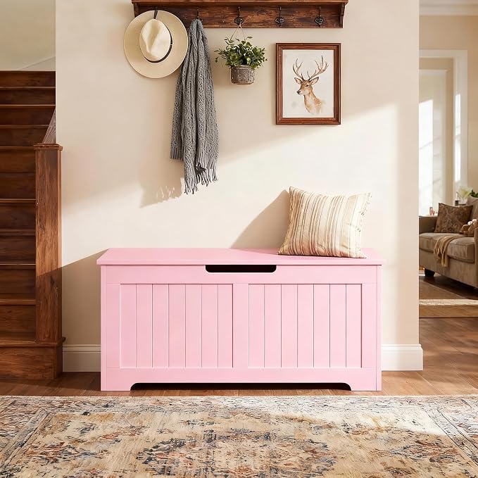 SUPER DEAL Storage Chest, 39 inches Chest Box Organizer with 2 Safety Hinges, Wooden Entryway Shoe Organizer Storage Bench, Pink - Image 8