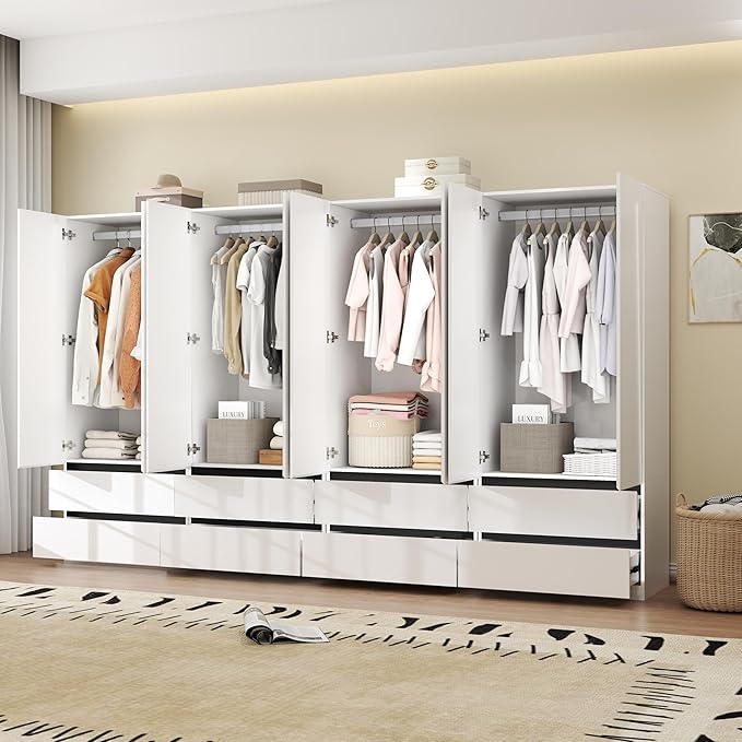 Large Wardrobe Closet with 8 Doors: 75" White Armoire with 8 Drawers, Wooden Wardrobe for Hanging Clothes, Tall Storage Cabinet with Shelves and Hanging Rod (A+A+A+A, 126")