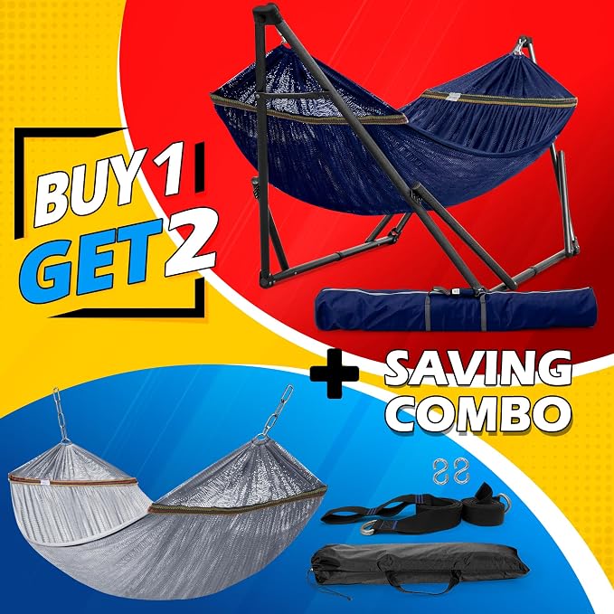 Tranquillo Combo x2 Hammocks with Stand for Outside & Tree Straps, Heavy Duty Hammock with Stand 600lbs for Indoor Outdoor Patio Backyard, x2 Hammocks for 2 Person, Portable Carrying Bags, Aegean - Image 4