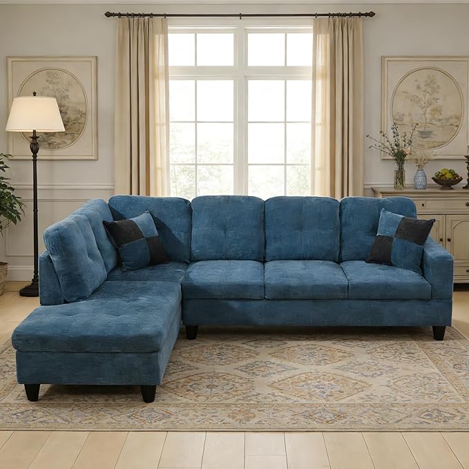 103.5 Inch Modern L-Shaped Couch, Flannel Sectional Sofa with Chaise Lounge, 4-Seater Couch with Accent Pillows for Living Room, Apartment, Dark Blue
