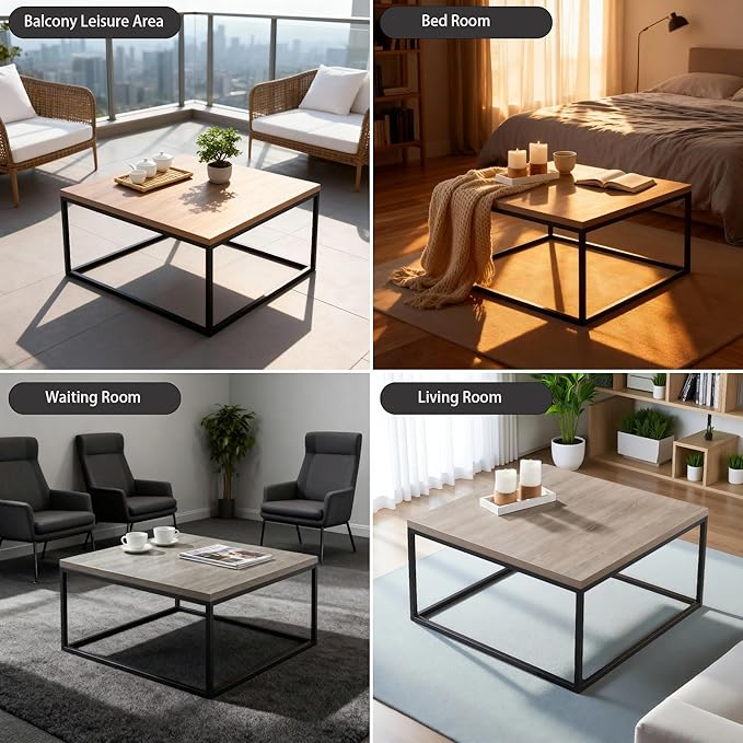 CENSI 30" Square Coffee Table, Grey Wash French Oak Wood Center Table for Living Room, Modern Industrial Metal Frame, Extra Thick 1.2" Top, Rustic Farmhouse Cocktail Table, Easy Assembly