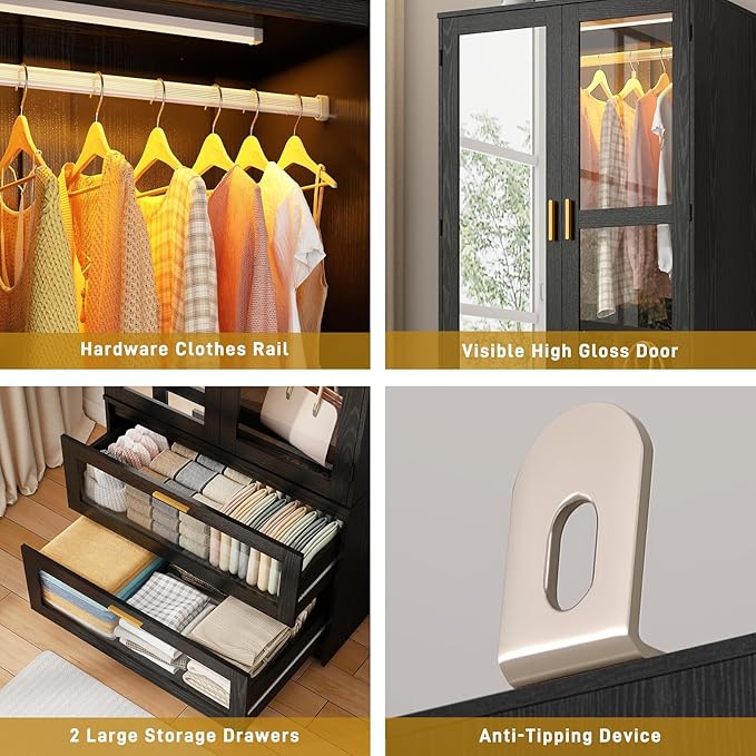 2 Doors Armoire Wardrobe Closet with LED and Mirror,71" H Freestanding Wooden Wardrobe Closet Cabinet for Bedroom w 2 Drawers,Wooden Clothing Storage Cabinet w Hanging Rod,Closets for Bedroom(Black)