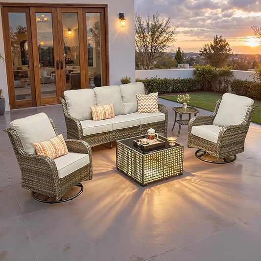 ovios 5-Piece Patio Furniture Set with Swivel Chairs Coffee Table, Outdoor Wicker Sofa with Comfy Cushions, High Back Couch Modern Conversation Sets, Grey/Grey
