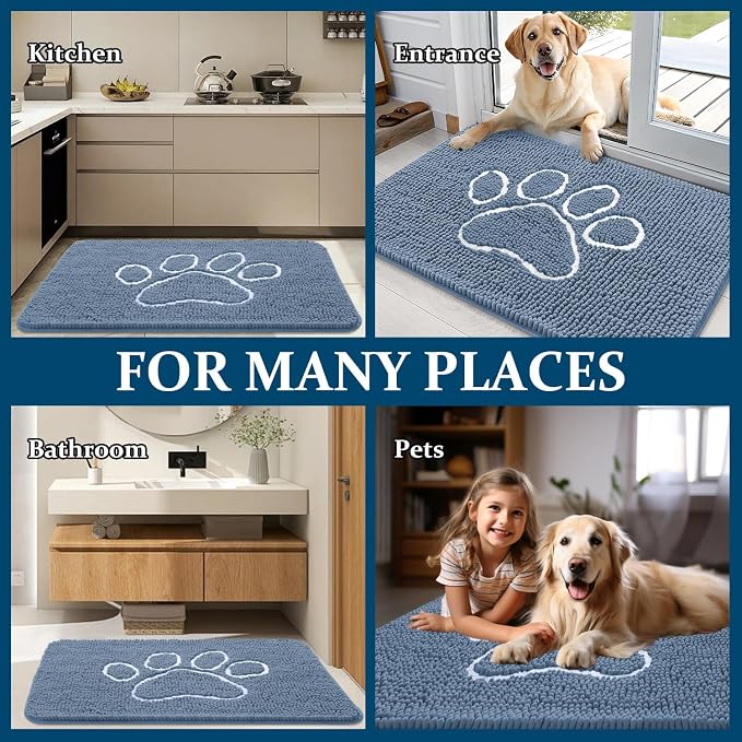 OLANLY Dog Door Mat for Muddy Paws 35x24, Paw Print Design, Absorbs Moisture and Dirt, Non-Slip Washable Doormat, Quick Dry Chenille Mud Mat, Entry Indoor Entryway Carpet, Airy Blue and White - Image 7