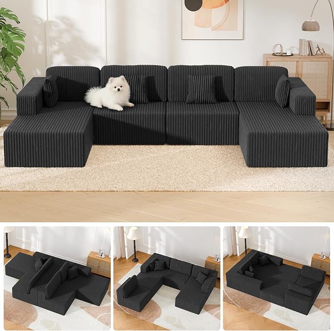 132" U Shaped Couch, Oversized Modular Sectional Sofa with Chaise, Corduroy U Shaped Couch with Deep Seat, Boneless Couches for Living Room, No Assembly Required, Gray
