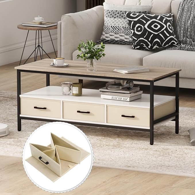 OC Orange-Casual 46" Coffee Table with Storage, 2-Tier Wood Coffee Table with Open Display Shelf & Foldable Drawers, Farmhouse Table with Metal Frame, Small Center Table for Living Room (46.3")