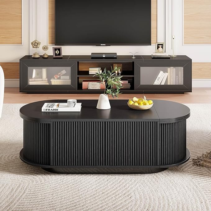 HSH Oval Coffee Table with Storage, 47” Modern Coffee Table with Press Type Door, Fluted Living Room Tables with 2 Flip-Top Hidden Lids, Wood Center Table for Living Room, Office, Black