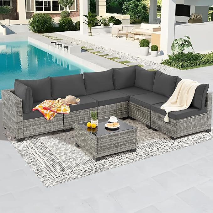 Patio Outdoor Furniture Set 7 Pieces Rattan Wicker Sectional Sofa Couch Conversation Set with Table for Deck Lawn, Gray Wicker/Gray Cushion