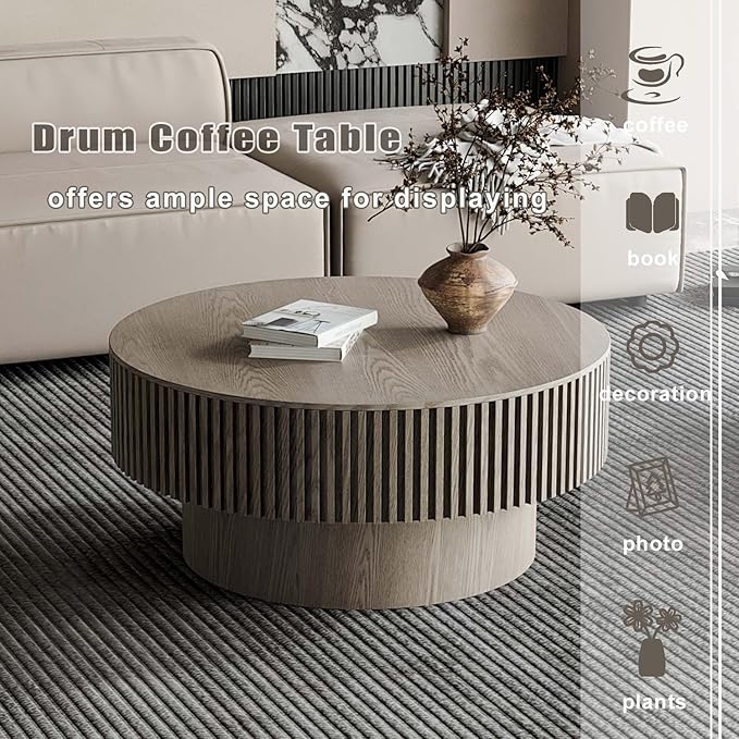 Round Coffee Table with Storage, Modern Wooden Coffee Table with Solid Wood Veneered, Circle Center Table Accent Tea Table for Living Room Apartment Small Space (31.5''L × 31.5''W × 14''H, Grey)