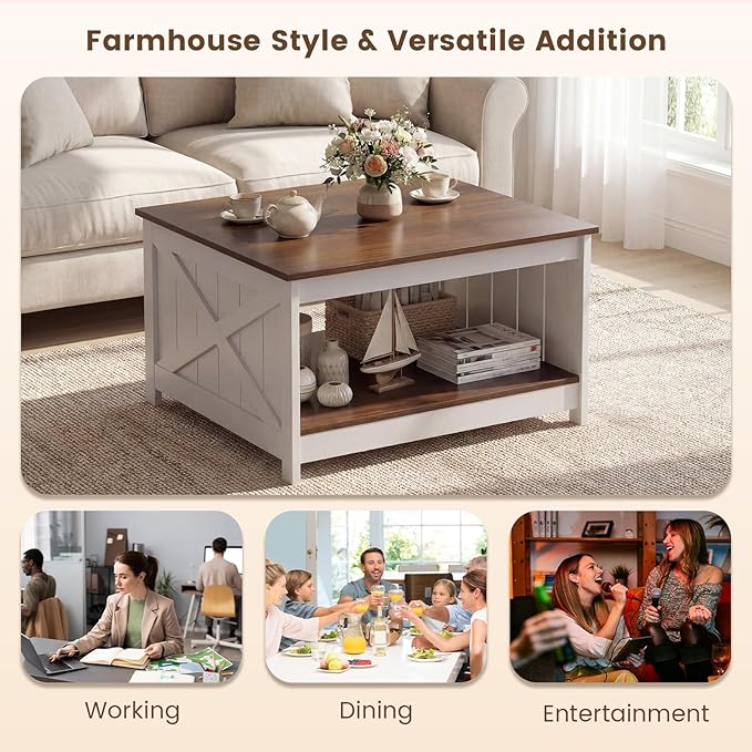 Giantex Farmhouse Coffee Table, 31 Inch Square Wood Coffee Table with Storage Shelf, 2-Tier Vintage Center Table with Open Compartment, Rustic Living Room Table for Home Office, White & Brown