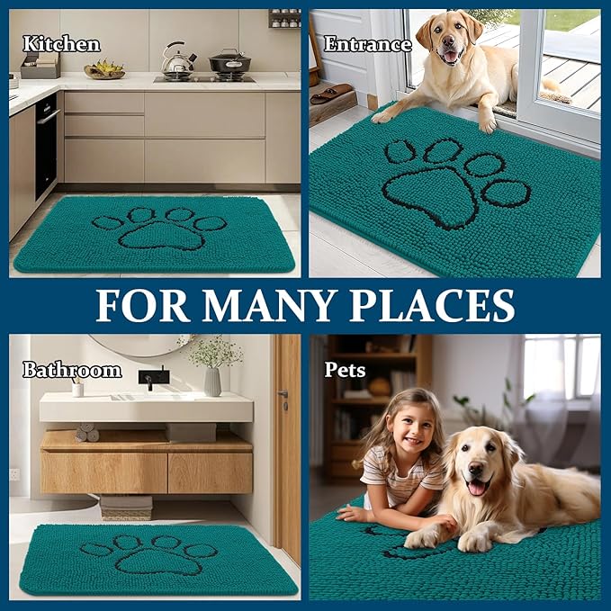 OLANLY Dog Door Mat for Muddy Paws 36x24, Paw Print Design, Absorbs Moisture and Dirt, Absorbent Non-Slip Washable Doormat, Quick Dry Chenille Mud Mat for Dogs, Entry Indoor Entryway Carpet, Lake Blue - Image 8