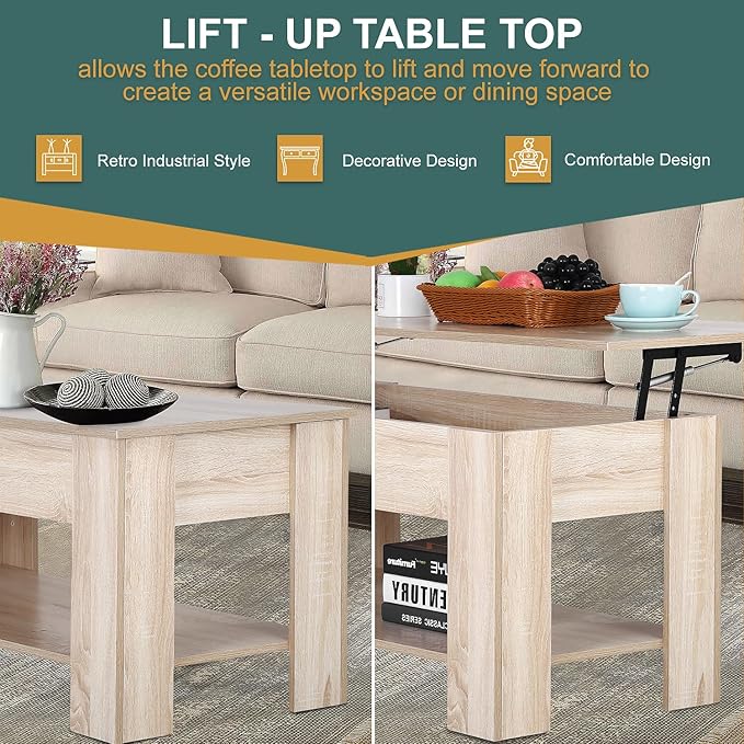 PayLessHere 39.4" Coffee Table Lift Top Coffee Tables with Hidden Compartment and Storage Shelf Wooden Lift Tabletop Dining Table for Living Room Home Small Space, Natural