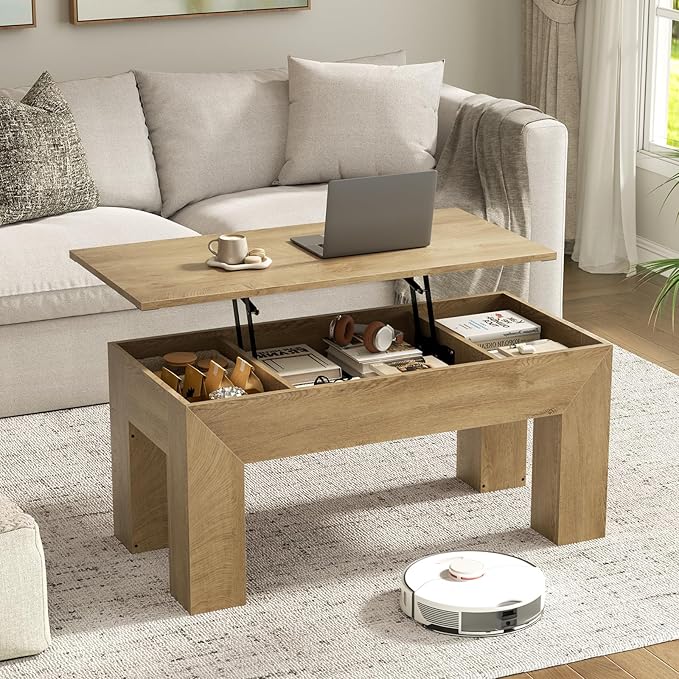 FABATO 41.7'' Lift Top Coffee Table, Wooden Rectangle Coffee Table with Hidden Storage, Large Center Table Adjustable Height Sofa Table for Living Room Office Apartment, Wood