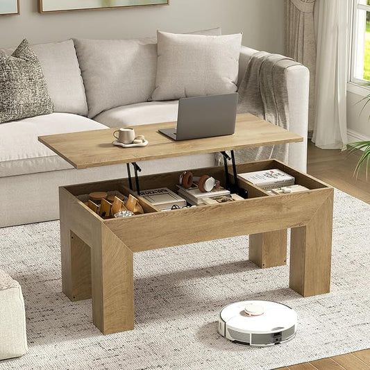 FABATO 41.7'' Lift Top Coffee Table, Wooden Rectangle Coffee Table with Hidden Storage, Large Center Table Adjustable Height Sofa Table for Living Room Office Apartment, Wood