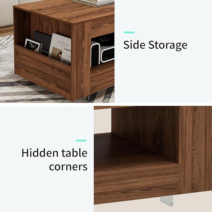 35" Wood Coffee Table for Living Room, Sides Storage with Transparent Legs, Minimalist Farmhouse 2-Tier Storage Shelf Center Table for Home Office, Apartment, Walnut