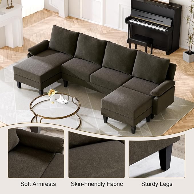 Sectional Couches for Living Room Furniture Sets, 4 Seat U Shaped Sectional Couch with Storage, Adjustable Sofa with Armrests and Ottoman for Apartment, Dark Brown