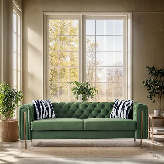 KEIKI 84" Chesterfield Velvet Tufted Button Sofa with Removable Cushions and 2 Toss Pillows, Modern 3-Seater Couch with 4 Gold Metal Leg, Easy Assembly, for Living Room, Bedroom, Apartment, Mint Green