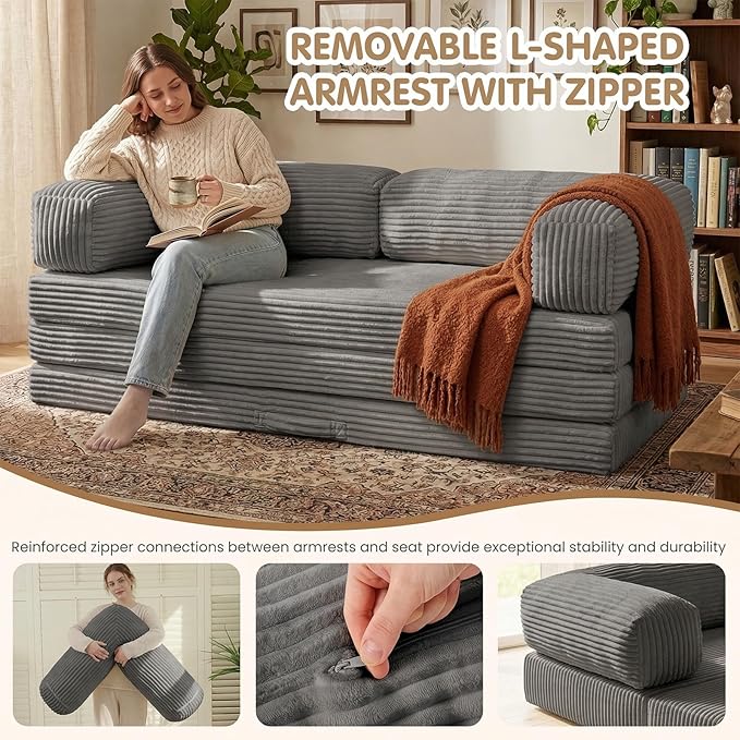 Folding Sofa Bed, Convertible Sleeper Chair with Pilow Foldable Matress, 2 in 1 Pull Out Loveseat Sofa Portable Fold Out Chair Bed Floor Couch Lounge for Living Room (Grey, King-82 Lx76 W)
