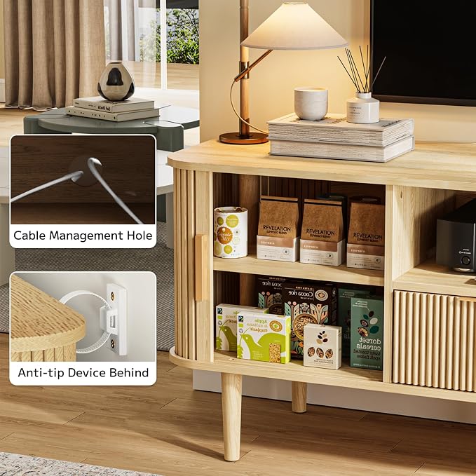 62.4 Inch Fluted TV Stand, Modern Media Console Table with Sliding Tambour Door Farmhouse Sideboard Buffet Cabinet Fits TVs up to 75 inch, Wood Entertainment Center for Living Room(Oak) - Image 5