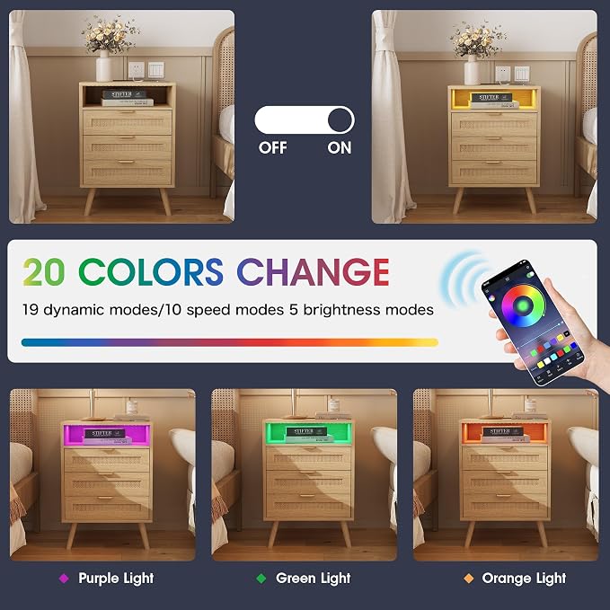 Halitaa Rattan Nightstands Set of 2 with Charging Station and Led Lights and 3 Drawers, Boho Night Stand Set 2 with Open Storage, Rattan Bedside Table Side Table, End Tables for Bedroom, Light Wood - Image 5