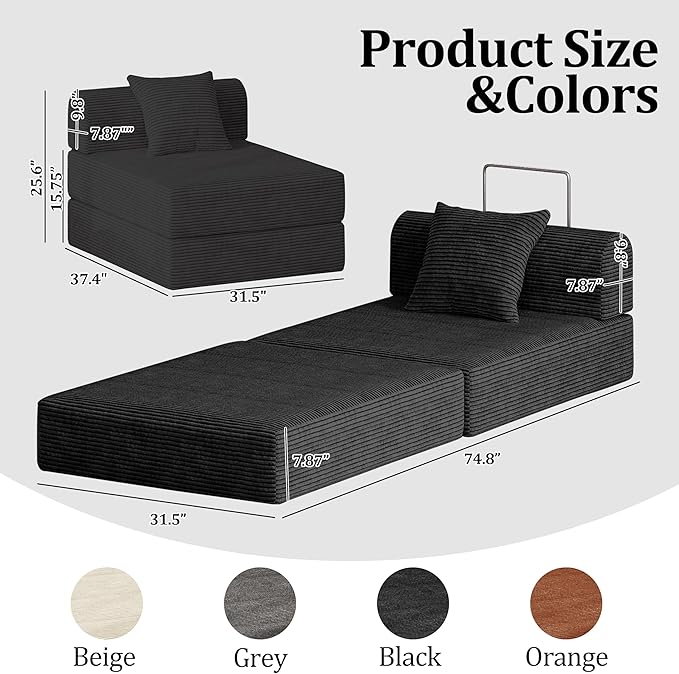 HouseMila Sofa Bed Couch,Convertible Boneless Couch Compressed Chair Comfy Boneless Chair Floor Lounge Chair with Pillow,No Assembly Folding Sofa Beds for Living Room Bedroom Guest Room(Single,Black)