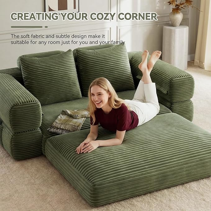 4-in-1 Convertible Folding Sofa Bed, 76 Inch Queen Size Foldable Sleeper Sofa Bed, Wide Corduroy Upholstery, Boneless Mattress Couch with Armrests & Neck Pillow for Living/Bedroom - Green