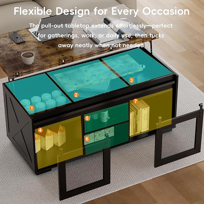 Upgraded Coffee Table with Lifting Top And Sliding Doors, Thick Panels, Industrial Metal Mesh Sides, Dual LED Accent Lights, Large Storage Center farmhouse square Table for Living Room, Chestnut Black