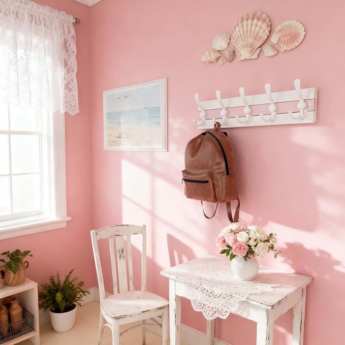 SKOLOO Coastal Wall Mounted Coat Rack - 16-7/8" Beach House Entryway Wooden Coat Hook with 5 Hooks for Hanging Coats, Hats or Towels, Oceanfront Cottage Core Collection, White & Palm Beach Pink - Image 5
