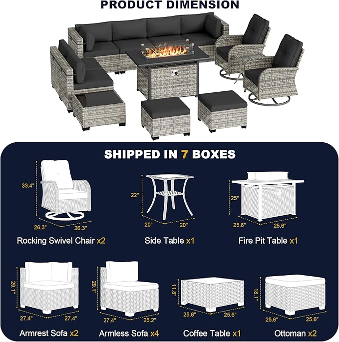 13-Piece Outdoor Patio Furniture Set with Rocking Swivel Chair, Wicker Rattan Sectional Sofa Conversation Set with 55,000 BTU Fire Pit Table with Ottomans, Backyard Furniture, Dark Grey