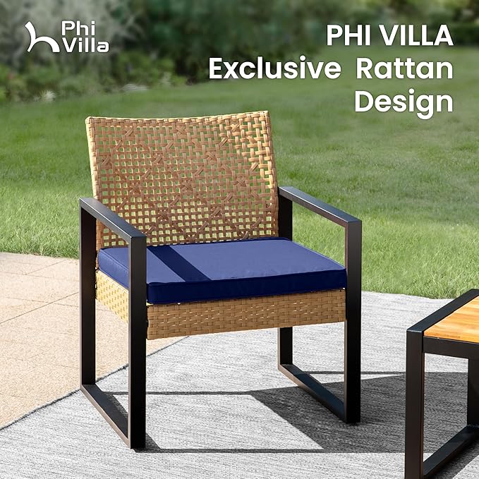 PHI VILLA Patio Wicker Furniture Set for 4, Yellow Rattan Loveseat & Chairs with Blue Cushions & Acacia Wood Coffee Table, Outdoor Modern Conversation Sofa Set for Deck, Yard, Porch