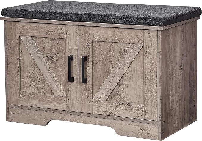 HOMSHO 2-Tier Storage Bench, 27.6" Wide Shoe Bench with Padded Seat Cushion, Entryway Bench with 2 Barn Doors and Adjustable Shelf, Greige by HOMSHO