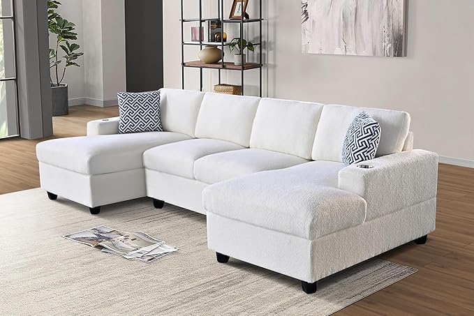 124-Inch Symmetrical Sectional Couch Wool Cloud Cushion Upholstered Sofas, U- Shaped Modular Sectional Sofa with Cup Holders and 2 Chaise Lounges for Living Room