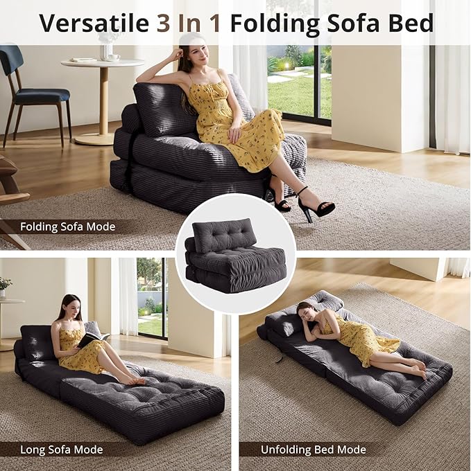 Folding Sofa Bed, Convertible Sleeper Chair with Pillow, Foldable Mattress with Back Support, Portable Floor Sofa Lounge for Living Room Bedroom Dorm