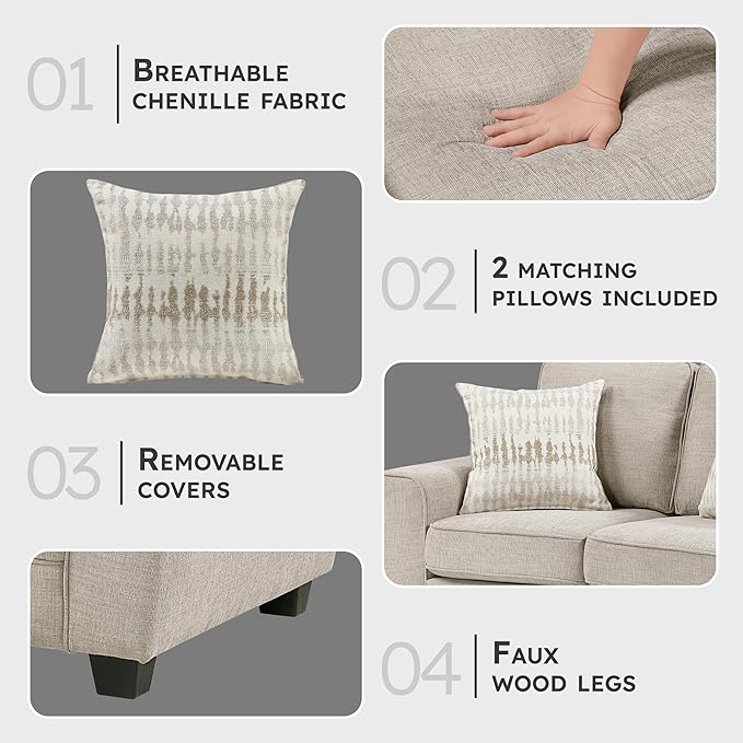 Lexicon Chenille Upholstered Loveseat Sofa with 2 Pillows, Removable Cushion Covers, Track Arms, Reversible Back and Seat Cushions, Comfy Love Seat Couches for Living Room/Office/Bedroom, Taupe