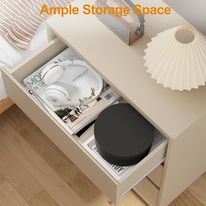 RoyalCraft Nightstand with 3 Drawers Storage, 23.6" Modern Night Stand for Bedroom, Large Bedside Table, End Table for Closet, Beige - Image 3