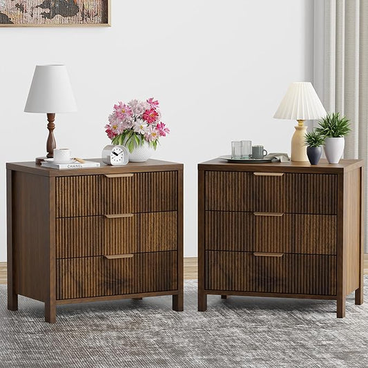 Fluted Nightstands Set of 2, 23.7'' Wide Night Stand with 3 Drawers, Mid-Century Modern Bedside Table with Handles, Wood End Table for Bedroom, Walnut by HOCAT