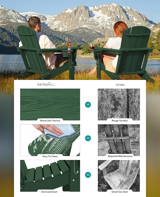 SERWALL Adirondack Chair with Cup Holders - Composite Adirondack Chairs Set of 2 HDPE Outdoor Chairs All Weather Use- Green - Image 5