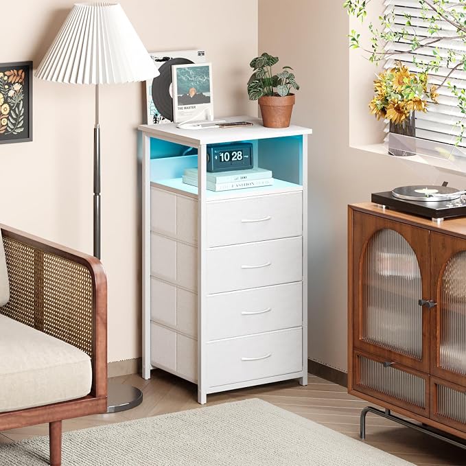 Fixwal Tall Nightstand with Charging Station, Night Stand with U-S-B Ports and Outlets, 4 Fabric Storage Drawers with PU Finish, Small Dresser Bed Side Table, White - Image 2