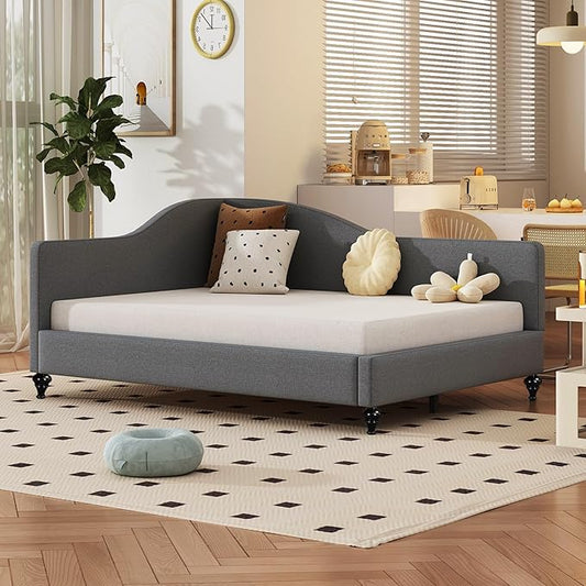Merax Full Size Bed Frame Daybed, L-Shaped Linen Day Bed Corner Sofa with Solid Wood Legs for Living Room, Guest Room, No Box Spring Needed, Grey