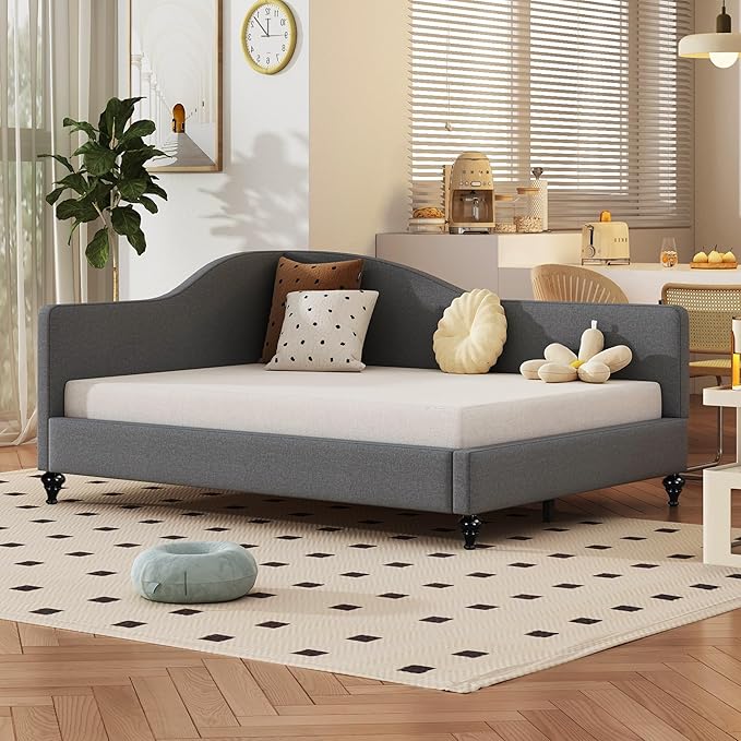 Merax Full Size Bed Frame Daybed, L-Shaped Linen Corner Sofa with Wood Legs for Living Room, No Box Spring Needed, Grey